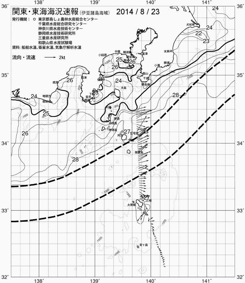 海況図, 関東・東海海況速報/伊豆諸島海域 検索結果, (黒潮, 水温分布, 冷水域, 暖水波及 等を図示)