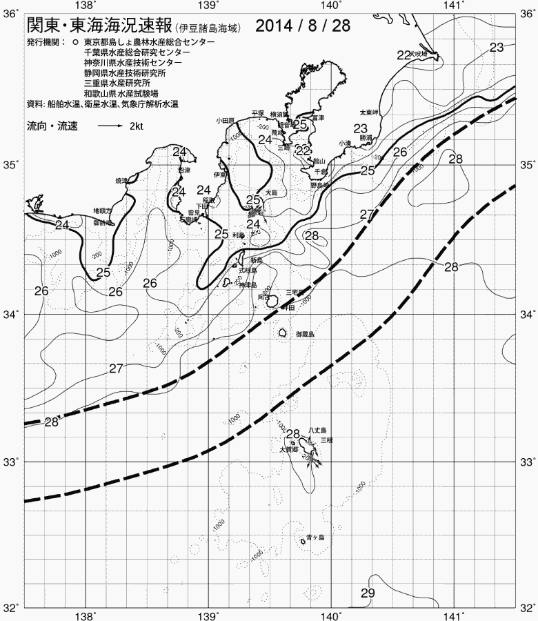 海況図, 関東・東海海況速報/伊豆諸島海域 検索結果, (黒潮, 水温分布, 冷水域, 暖水波及 等を図示)