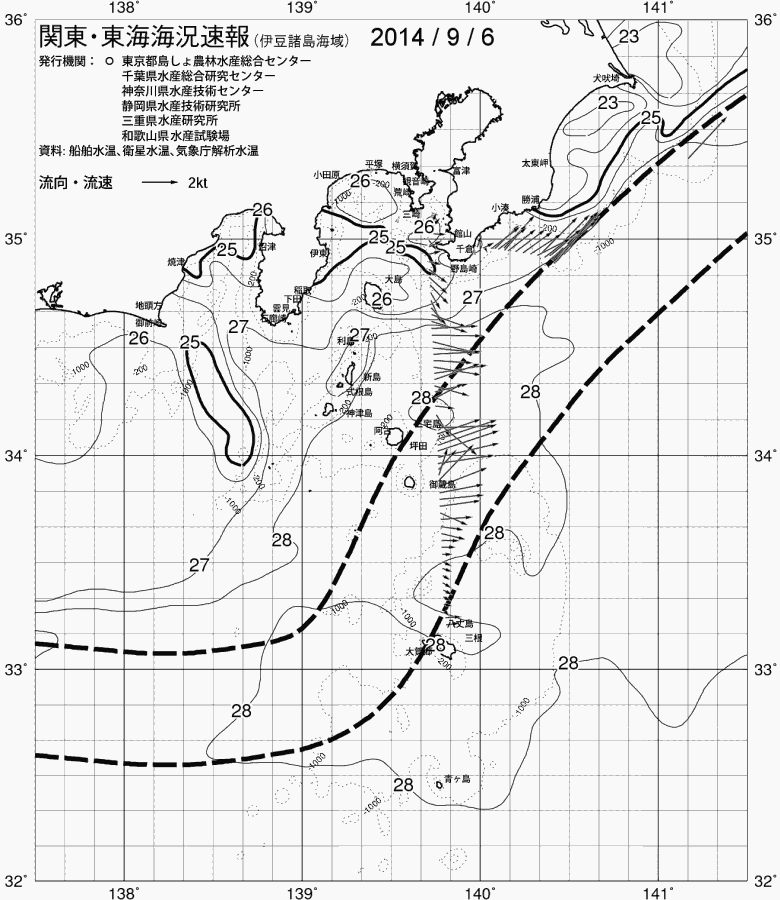 海況図, 関東・東海海況速報/伊豆諸島海域 検索結果, (黒潮, 水温分布, 冷水域, 暖水波及 等を図示)