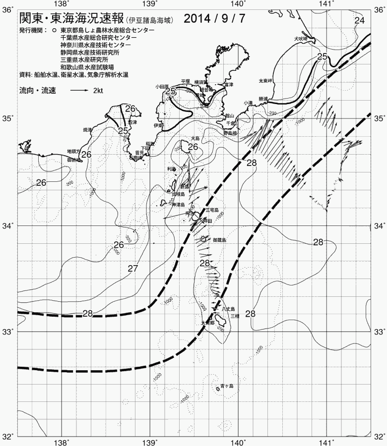 海況図, 関東・東海海況速報/伊豆諸島海域 検索結果, (黒潮, 水温分布, 冷水域, 暖水波及 等を図示)