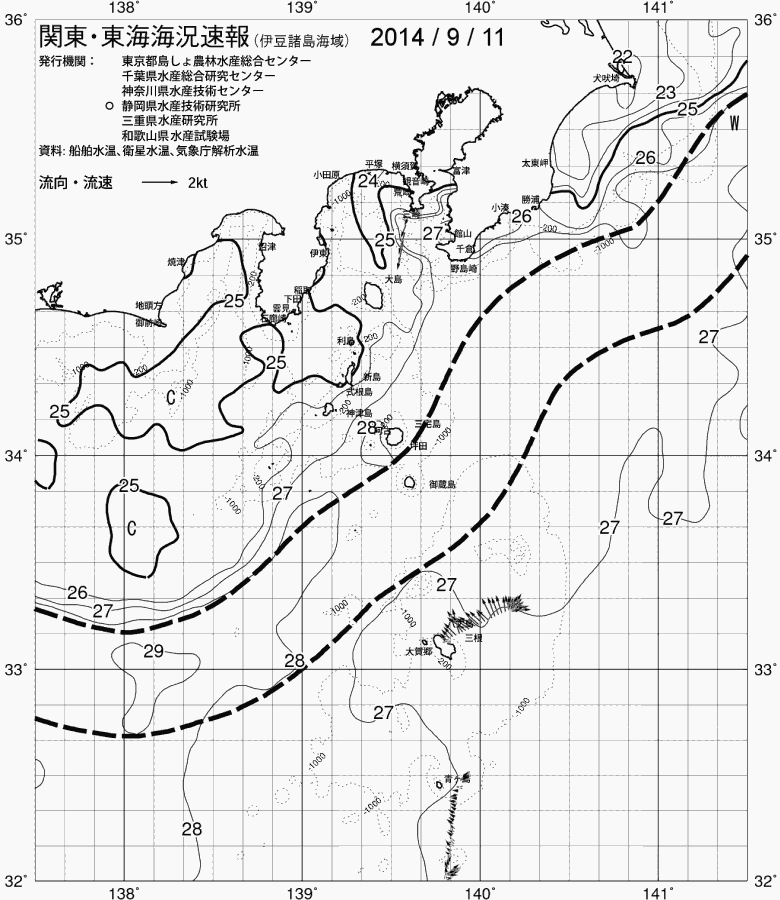 海況図, 関東・東海海況速報/伊豆諸島海域 検索結果, (黒潮, 水温分布, 冷水域, 暖水波及 等を図示)