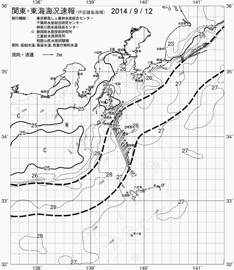 海況図, 関東・東海海況速報/伊豆諸島海域 検索結果, (黒潮, 水温分布, 冷水域, 暖水波及 等を図示)