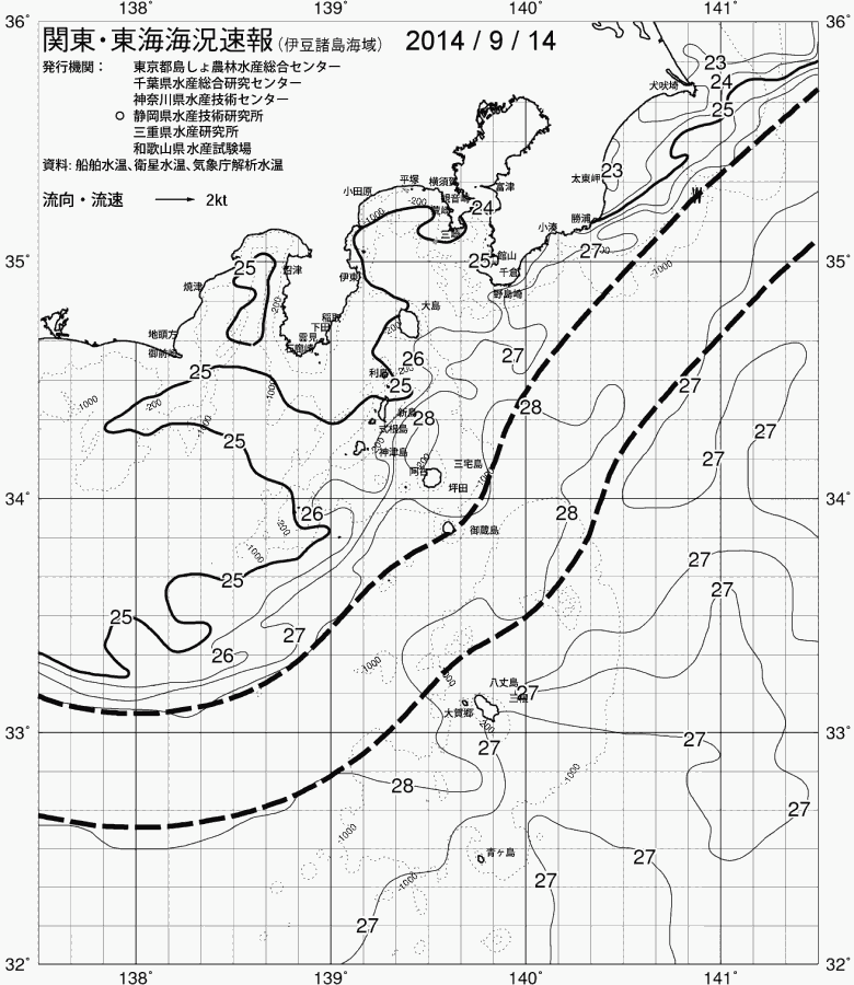海況図, 関東・東海海況速報/伊豆諸島海域 検索結果, (黒潮, 水温分布, 冷水域, 暖水波及 等を図示)