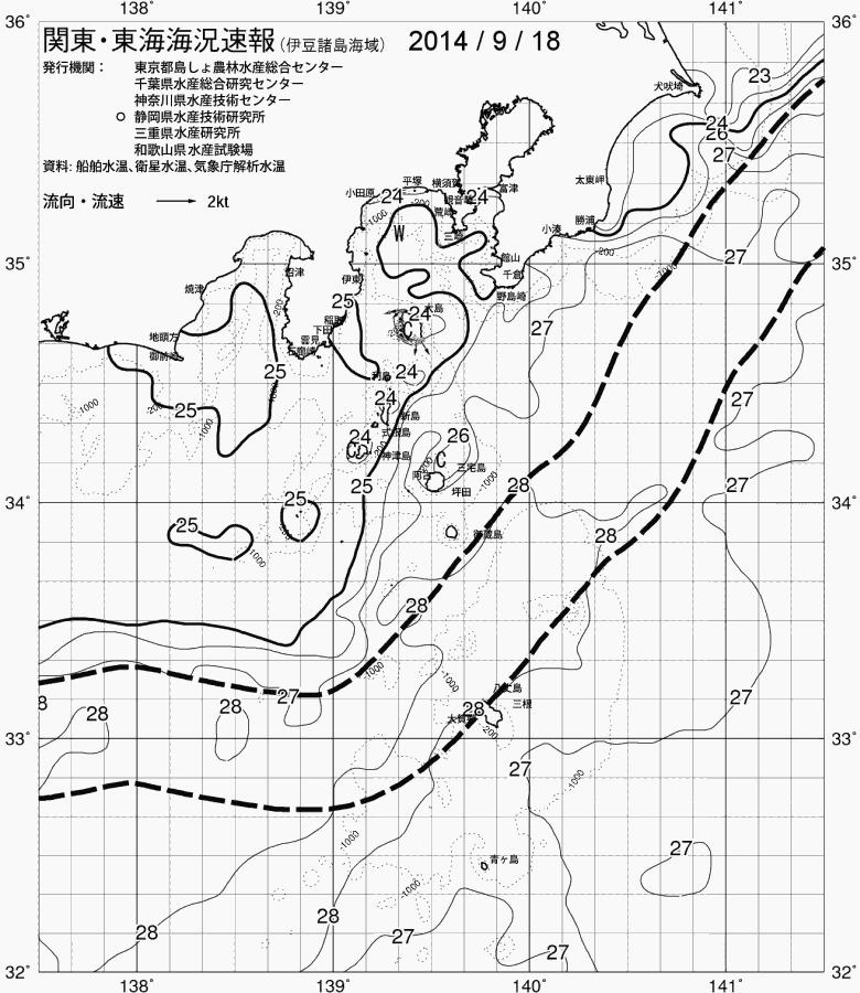 海況図, 関東・東海海況速報/伊豆諸島海域 検索結果, (黒潮, 水温分布, 冷水域, 暖水波及 等を図示)