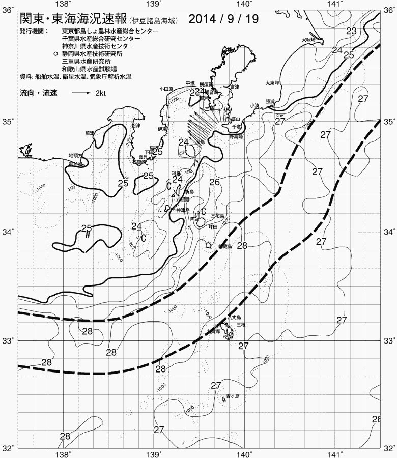 海況図, 関東・東海海況速報/伊豆諸島海域 検索結果, (黒潮, 水温分布, 冷水域, 暖水波及 等を図示)