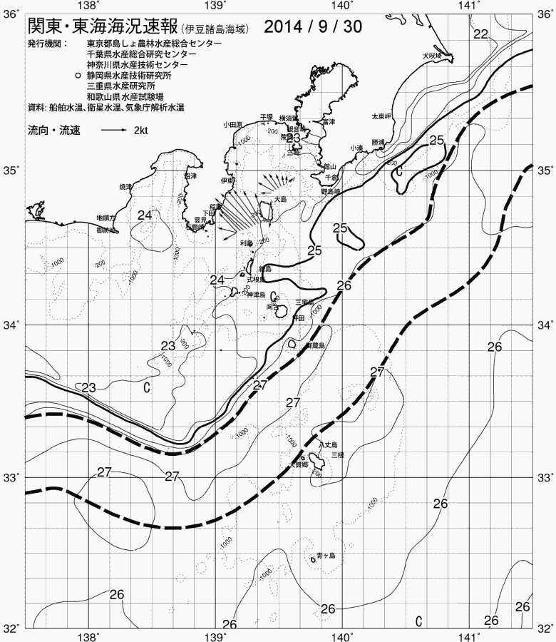 海況図, 関東・東海海況速報/伊豆諸島海域 検索結果, (黒潮, 水温分布, 冷水域, 暖水波及 等を図示)