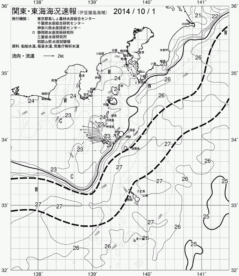 海況図, 関東・東海海況速報/伊豆諸島海域 検索結果, (黒潮, 水温分布, 冷水域, 暖水波及 等を図示)