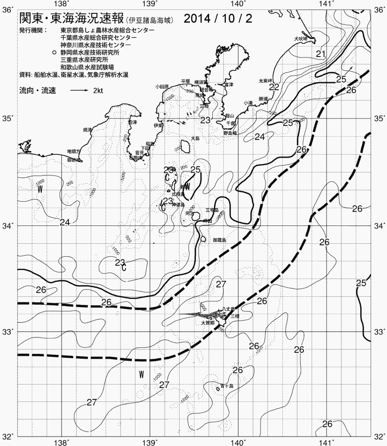 海況図, 関東・東海海況速報/伊豆諸島海域 検索結果, (黒潮, 水温分布, 冷水域, 暖水波及 等を図示)