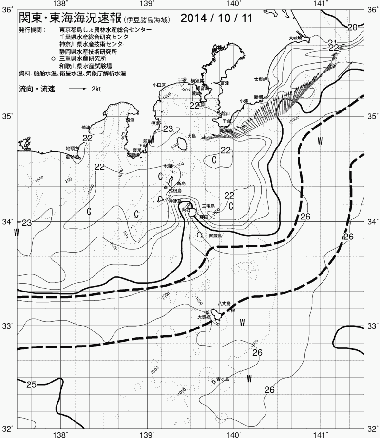 海況図, 関東・東海海況速報/伊豆諸島海域 検索結果, (黒潮, 水温分布, 冷水域, 暖水波及 等を図示)