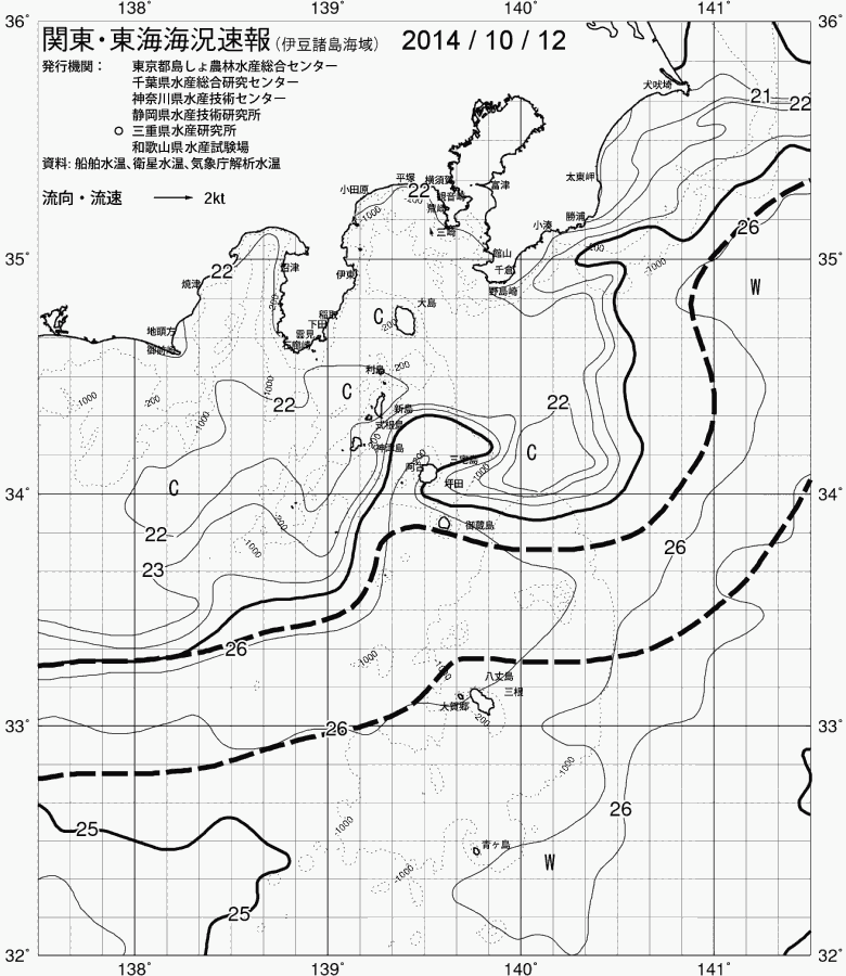 海況図, 関東・東海海況速報/伊豆諸島海域 検索結果, (黒潮, 水温分布, 冷水域, 暖水波及 等を図示)