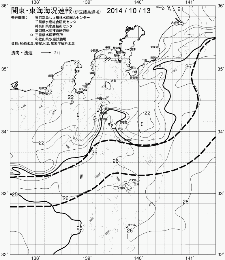 海況図, 関東・東海海況速報/伊豆諸島海域 検索結果, (黒潮, 水温分布, 冷水域, 暖水波及 等を図示)