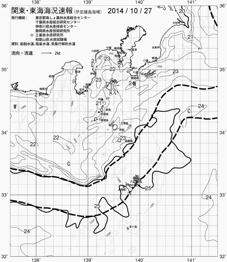海況図, 関東・東海海況速報/伊豆諸島海域 検索結果, (黒潮, 水温分布, 冷水域, 暖水波及 等を図示)