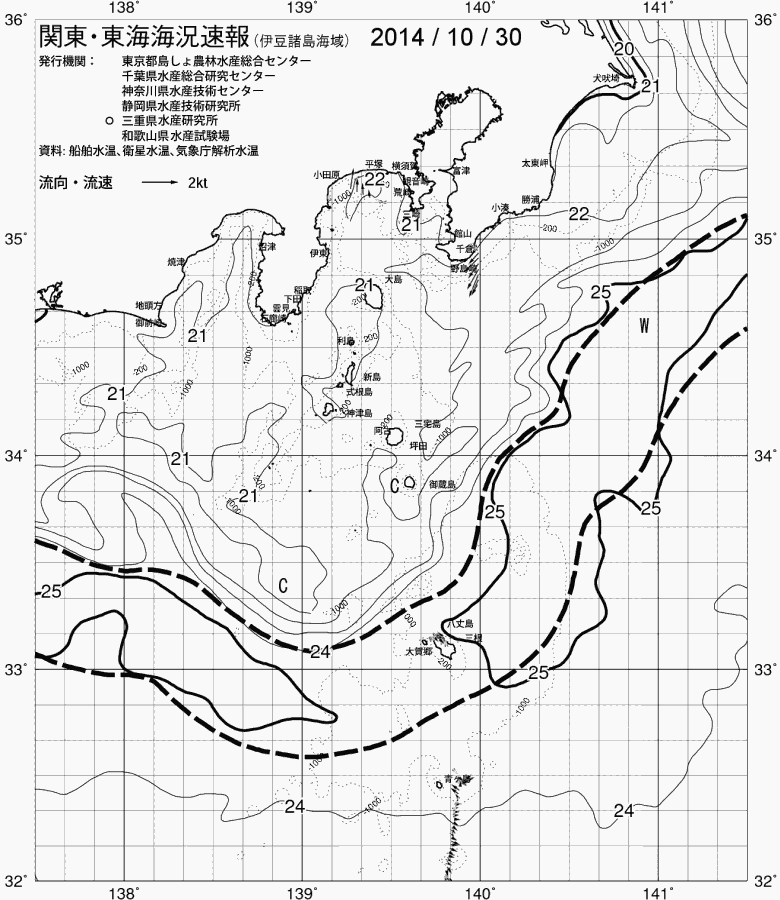 海況図, 関東・東海海況速報/伊豆諸島海域 検索結果, (黒潮, 水温分布, 冷水域, 暖水波及 等を図示)