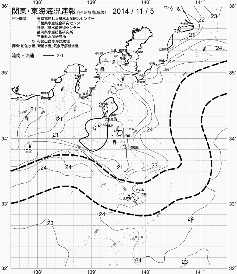 海況図, 関東・東海海況速報/伊豆諸島海域 検索結果, (黒潮, 水温分布, 冷水域, 暖水波及 等を図示)