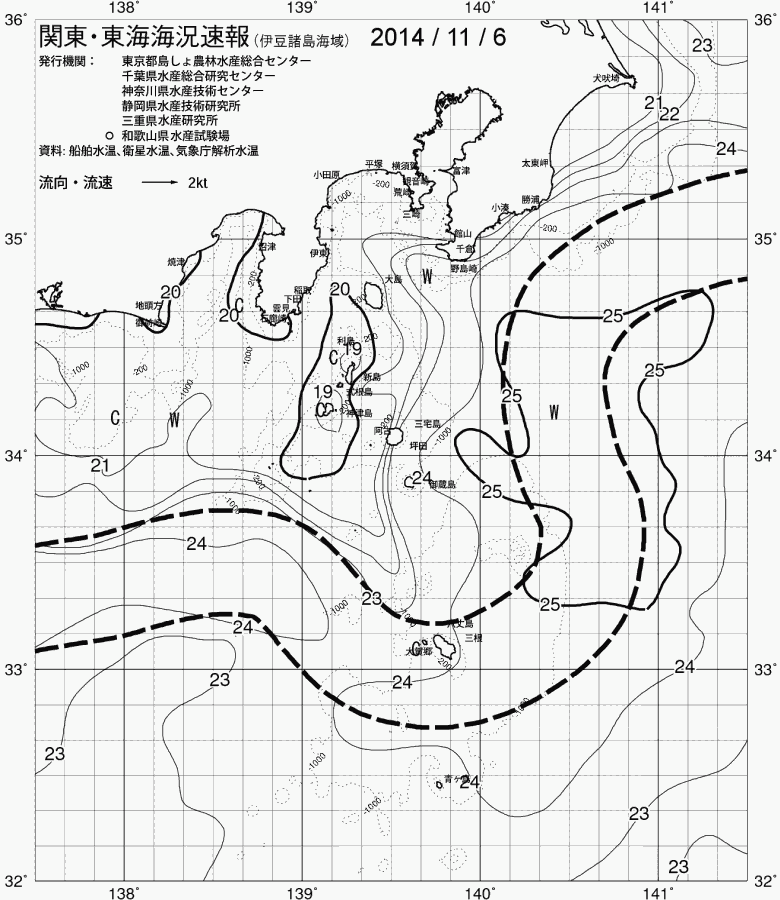 海況図, 関東・東海海況速報/伊豆諸島海域 検索結果, (黒潮, 水温分布, 冷水域, 暖水波及 等を図示)