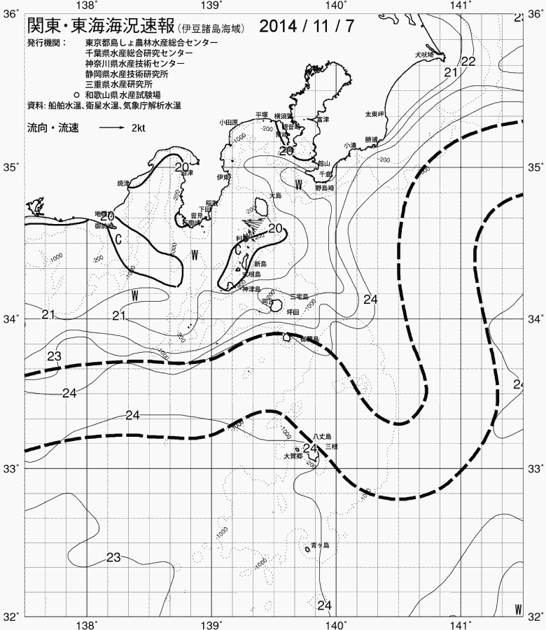 海況図, 関東・東海海況速報/伊豆諸島海域 検索結果, (黒潮, 水温分布, 冷水域, 暖水波及 等を図示)