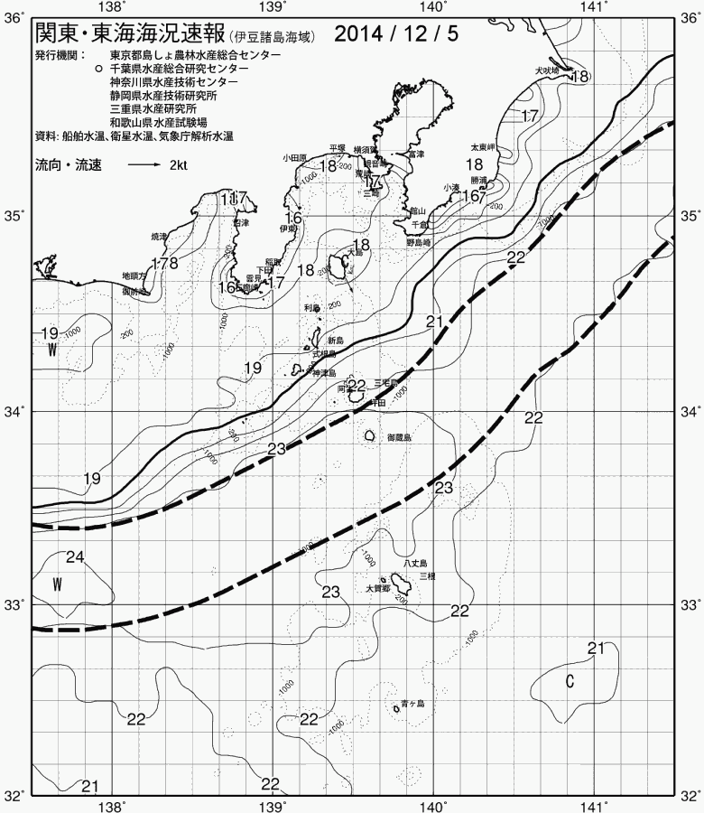 海況図, 関東・東海海況速報/伊豆諸島海域 検索結果, (黒潮, 水温分布, 冷水域, 暖水波及 等を図示)