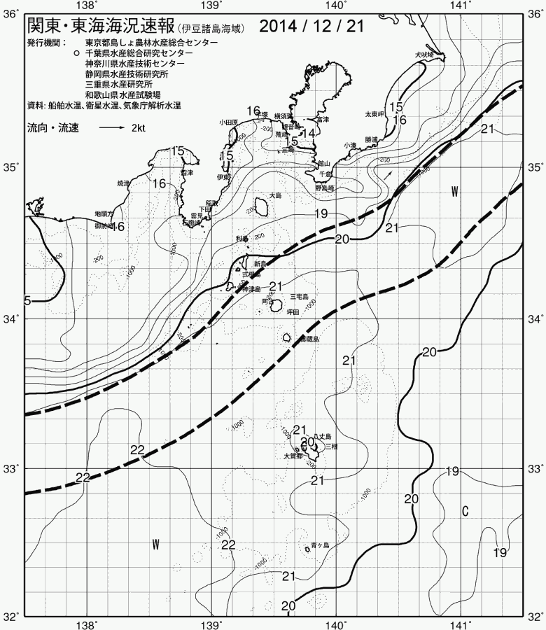 海況図, 関東・東海海況速報/伊豆諸島海域 検索結果, (黒潮, 水温分布, 冷水域, 暖水波及 等を図示)