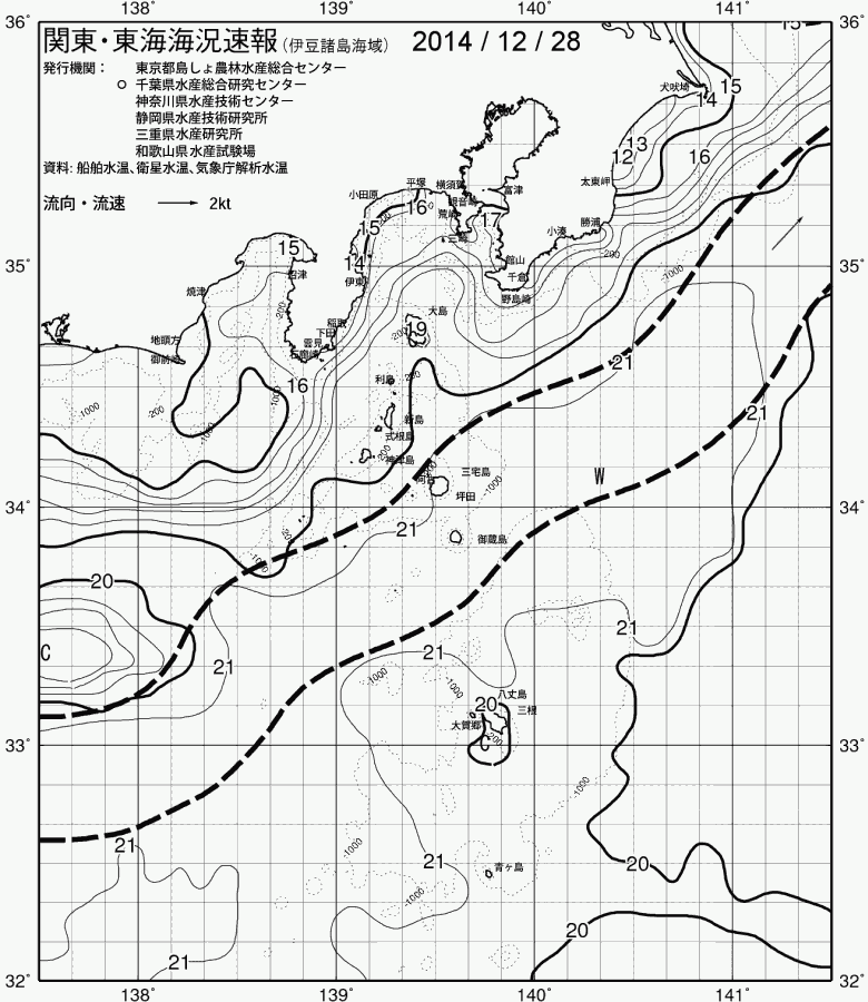 海況図, 関東・東海海況速報/伊豆諸島海域 検索結果, (黒潮, 水温分布, 冷水域, 暖水波及 等を図示)