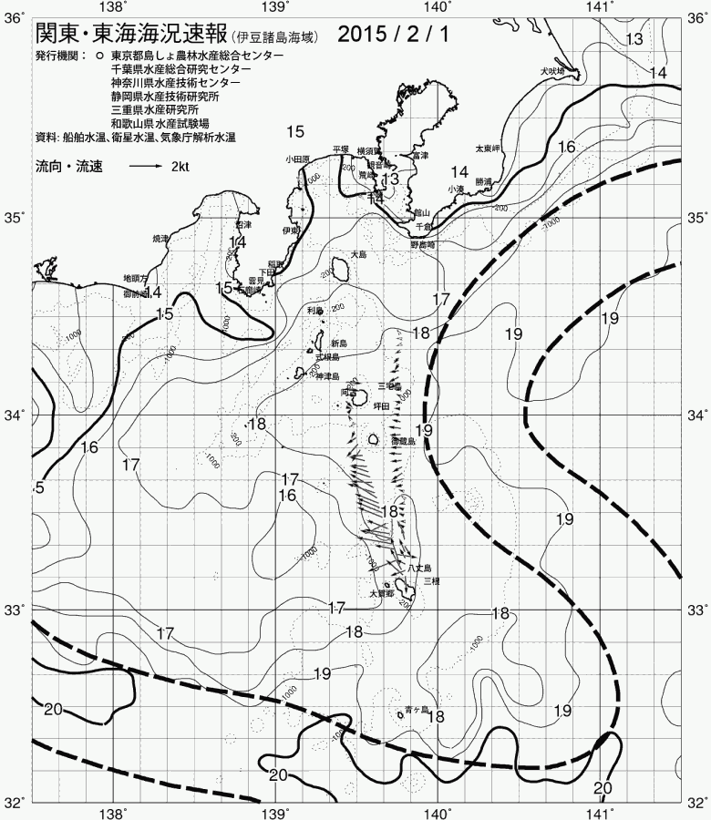 海況図, 関東・東海海況速報/伊豆諸島海域 検索結果, (黒潮, 水温分布, 冷水域, 暖水波及 等を図示)