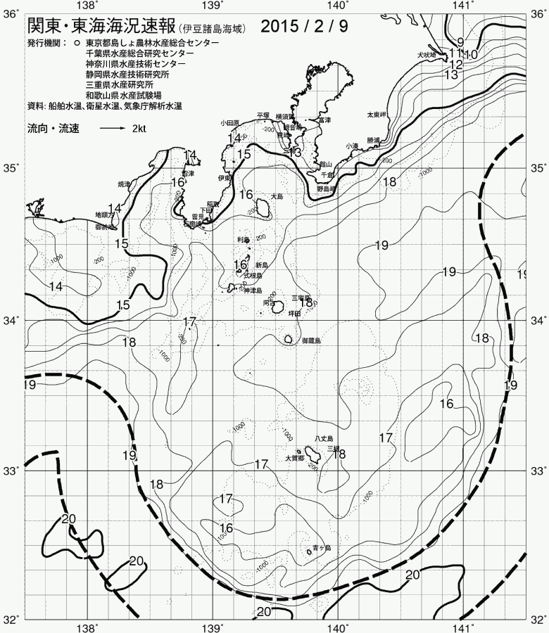 海況図, 関東・東海海況速報/伊豆諸島海域 検索結果, (黒潮, 水温分布, 冷水域, 暖水波及 等を図示)