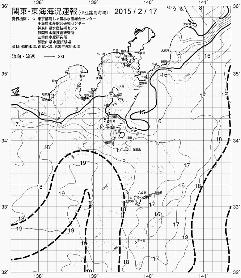 海況図, 関東・東海海況速報/伊豆諸島海域 検索結果, (黒潮, 水温分布, 冷水域, 暖水波及 等を図示)