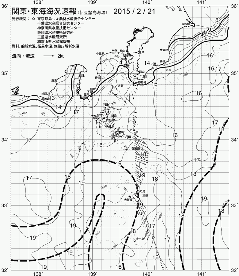 海況図, 関東・東海海況速報/伊豆諸島海域 検索結果, (黒潮, 水温分布, 冷水域, 暖水波及 等を図示)