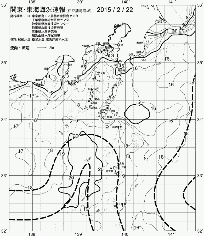 海況図, 関東・東海海況速報/伊豆諸島海域 検索結果, (黒潮, 水温分布, 冷水域, 暖水波及 等を図示)
