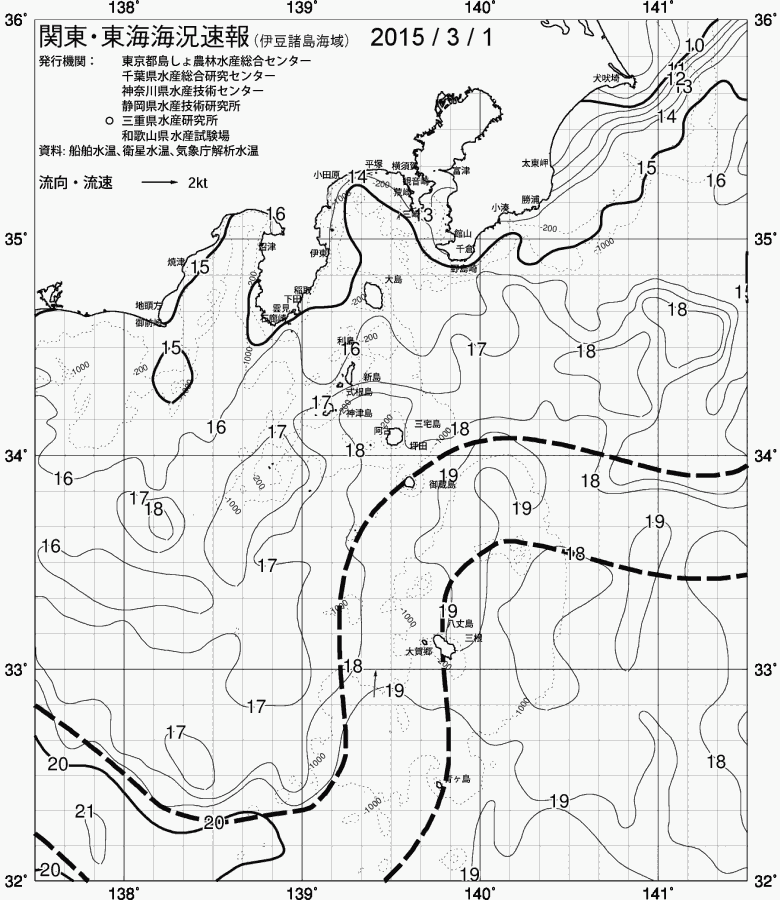 海況図, 関東・東海海況速報/伊豆諸島海域 検索結果, (黒潮, 水温分布, 冷水域, 暖水波及 等を図示)