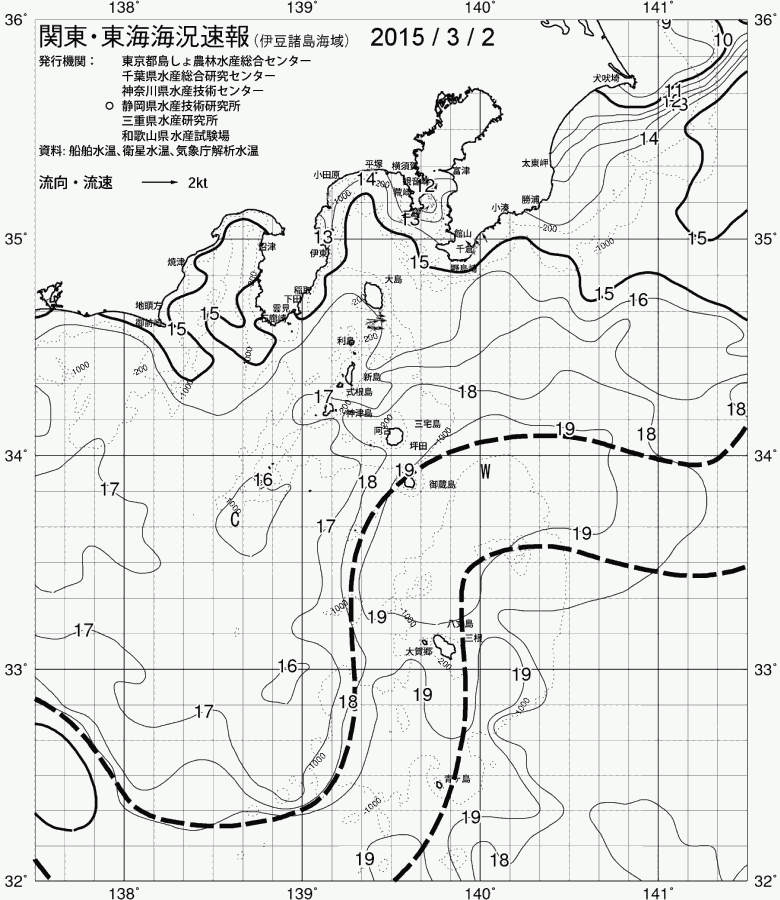海況図, 関東・東海海況速報/伊豆諸島海域 検索結果, (黒潮, 水温分布, 冷水域, 暖水波及 等を図示)