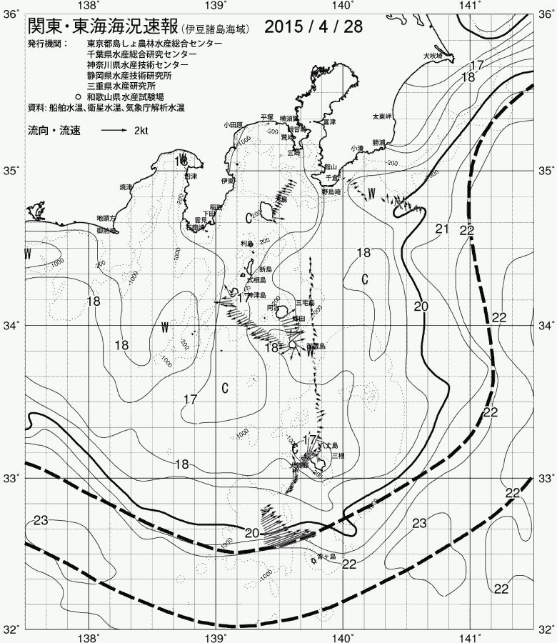 海況図, 関東・東海海況速報/伊豆諸島海域 検索結果, (黒潮, 水温分布, 冷水域, 暖水波及 等を図示)