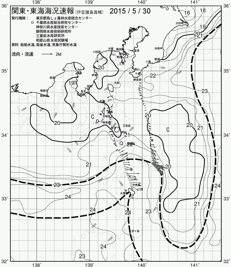 海況図, 関東・東海海況速報/伊豆諸島海域 検索結果, (黒潮, 水温分布, 冷水域, 暖水波及 等を図示)