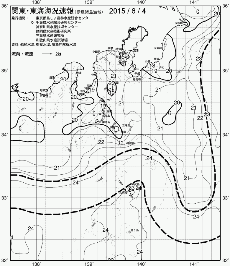 海況図, 関東・東海海況速報/伊豆諸島海域 検索結果, (黒潮, 水温分布, 冷水域, 暖水波及 等を図示)