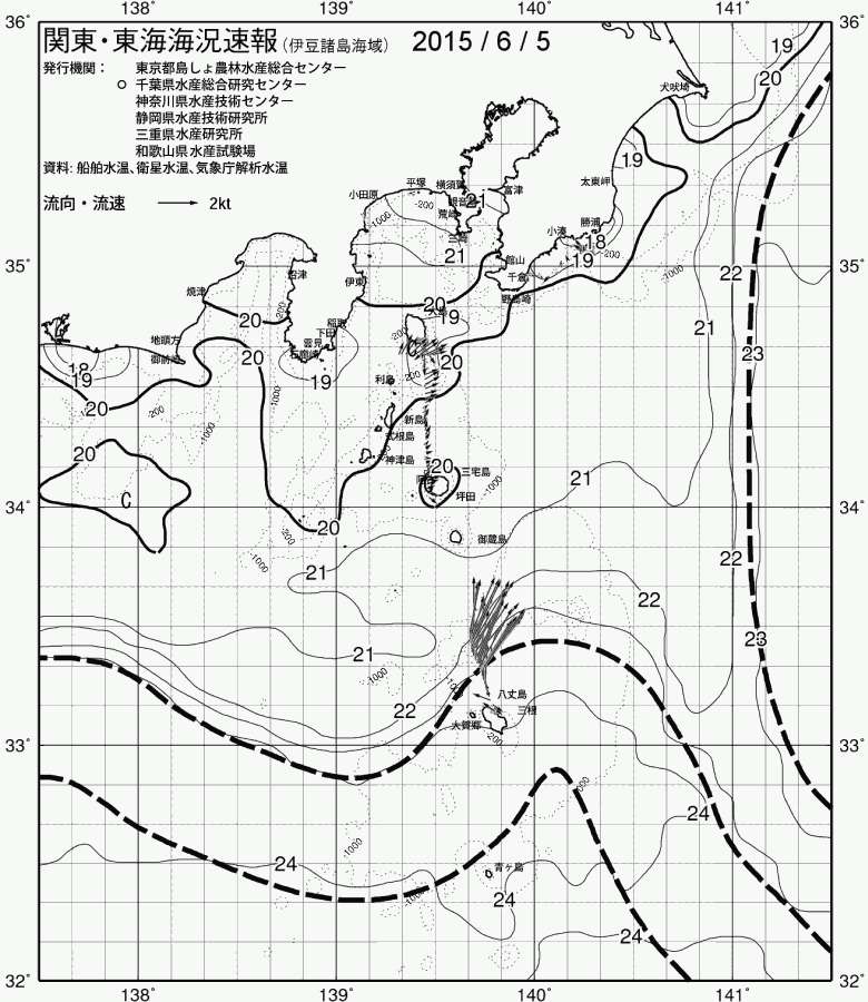 海況図, 関東・東海海況速報/伊豆諸島海域 検索結果, (黒潮, 水温分布, 冷水域, 暖水波及 等を図示)