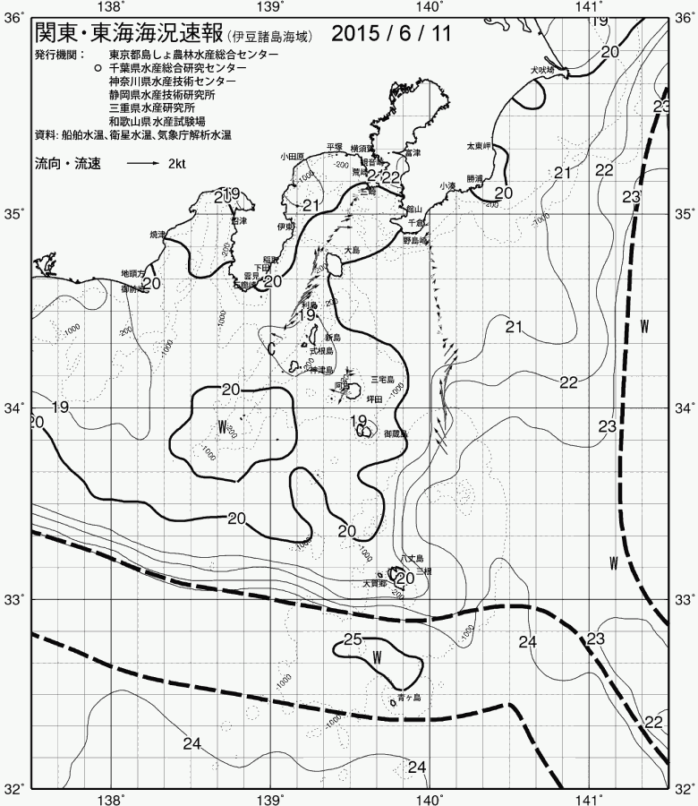 海況図, 関東・東海海況速報/伊豆諸島海域 検索結果, (黒潮, 水温分布, 冷水域, 暖水波及 等を図示)