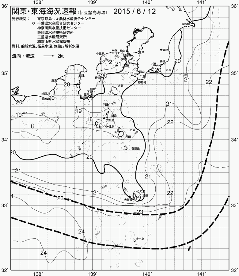 海況図, 関東・東海海況速報/伊豆諸島海域 検索結果, (黒潮, 水温分布, 冷水域, 暖水波及 等を図示)