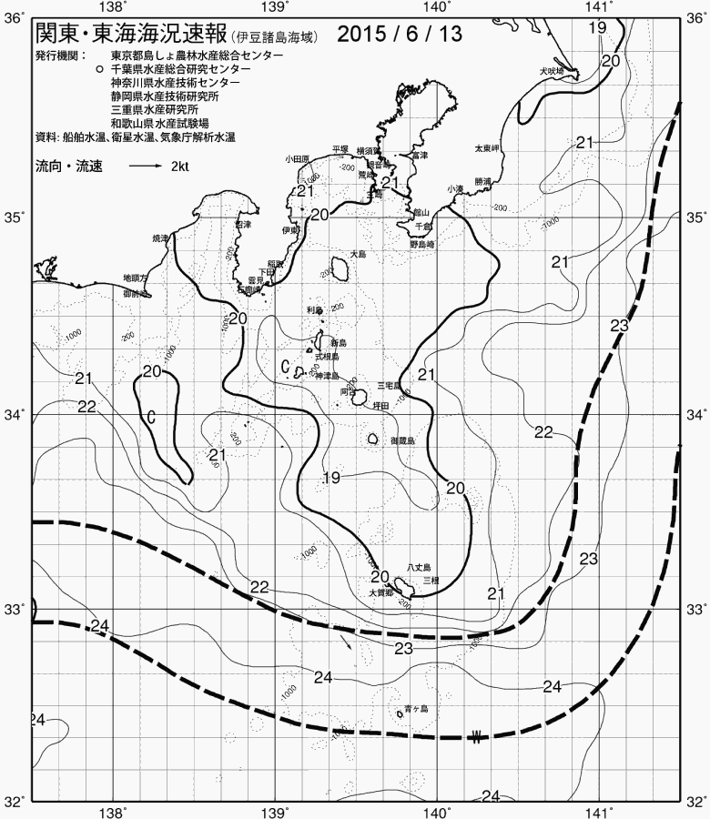 海況図, 関東・東海海況速報/伊豆諸島海域 検索結果, (黒潮, 水温分布, 冷水域, 暖水波及 等を図示)