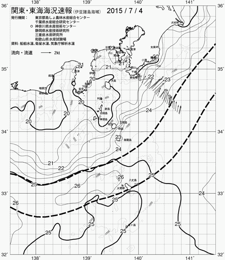 海況図, 関東・東海海況速報/伊豆諸島海域 検索結果, (黒潮, 水温分布, 冷水域, 暖水波及 等を図示)
