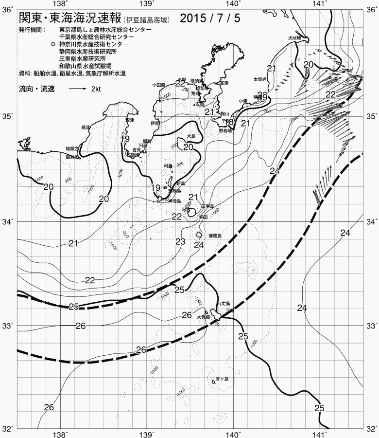 海況図, 関東・東海海況速報/伊豆諸島海域 検索結果, (黒潮, 水温分布, 冷水域, 暖水波及 等を図示)