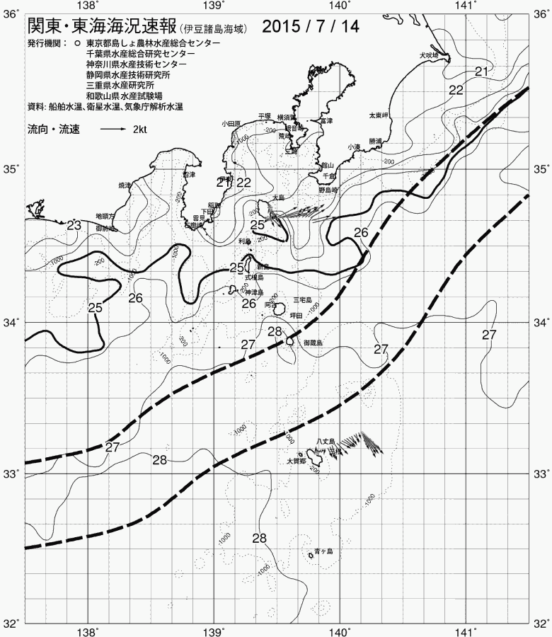 海況図, 関東・東海海況速報/伊豆諸島海域 検索結果, (黒潮, 水温分布, 冷水域, 暖水波及 等を図示)