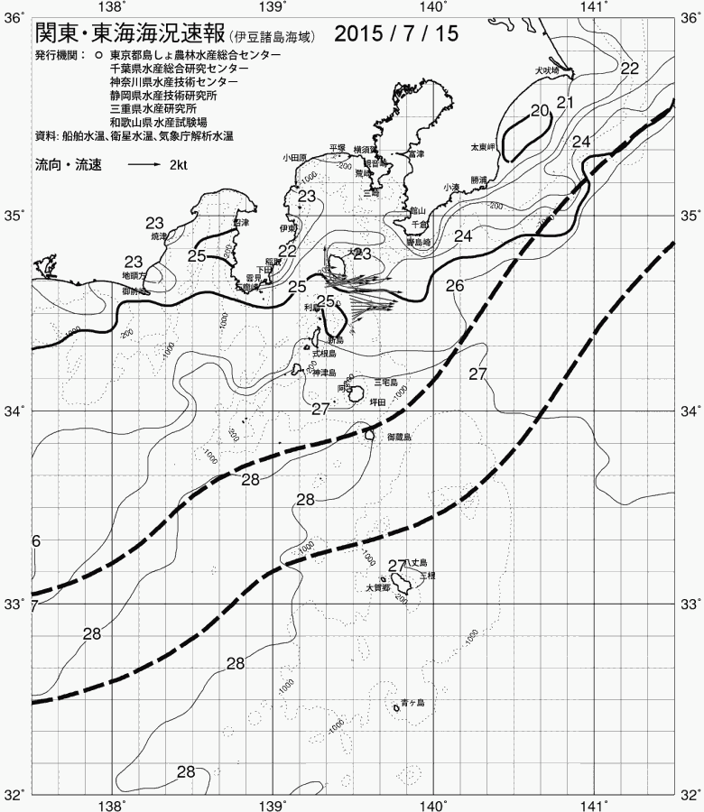 海況図, 関東・東海海況速報/伊豆諸島海域 検索結果, (黒潮, 水温分布, 冷水域, 暖水波及 等を図示)
