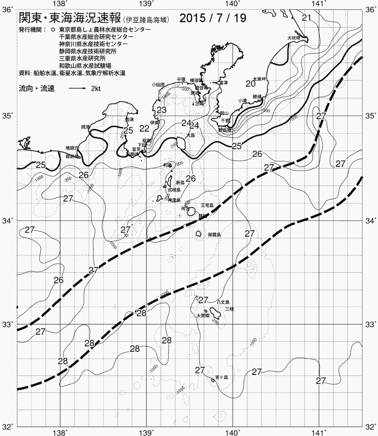 海況図, 関東・東海海況速報/伊豆諸島海域 検索結果, (黒潮, 水温分布, 冷水域, 暖水波及 等を図示)