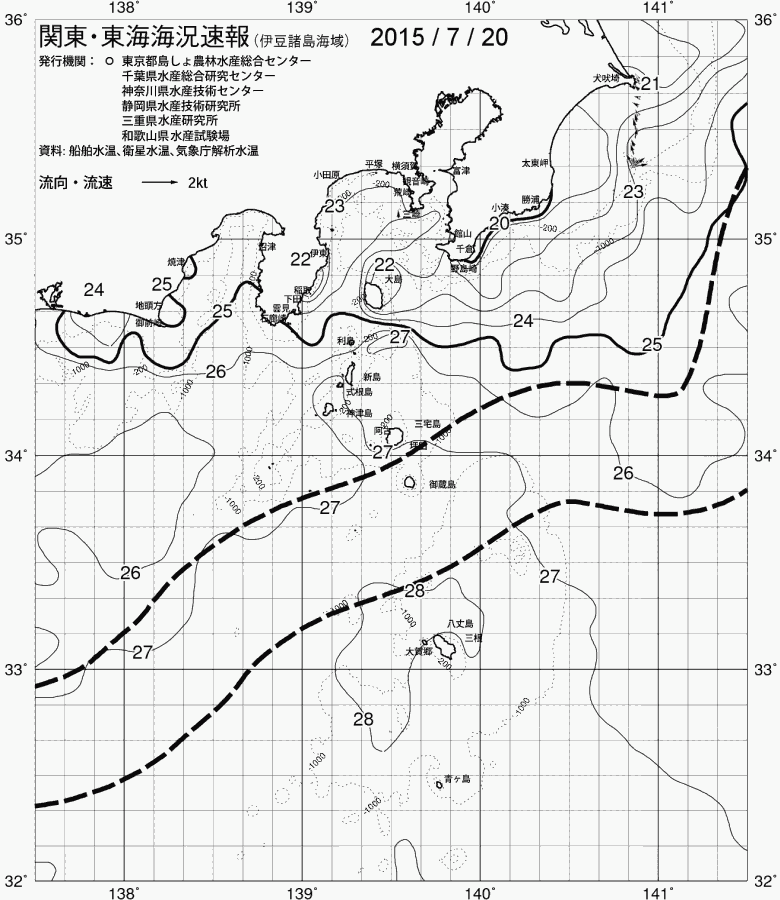 海況図, 関東・東海海況速報/伊豆諸島海域 検索結果, (黒潮, 水温分布, 冷水域, 暖水波及 等を図示)