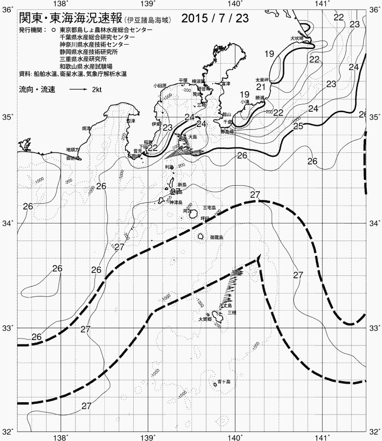 海況図, 関東・東海海況速報/伊豆諸島海域 検索結果, (黒潮, 水温分布, 冷水域, 暖水波及 等を図示)