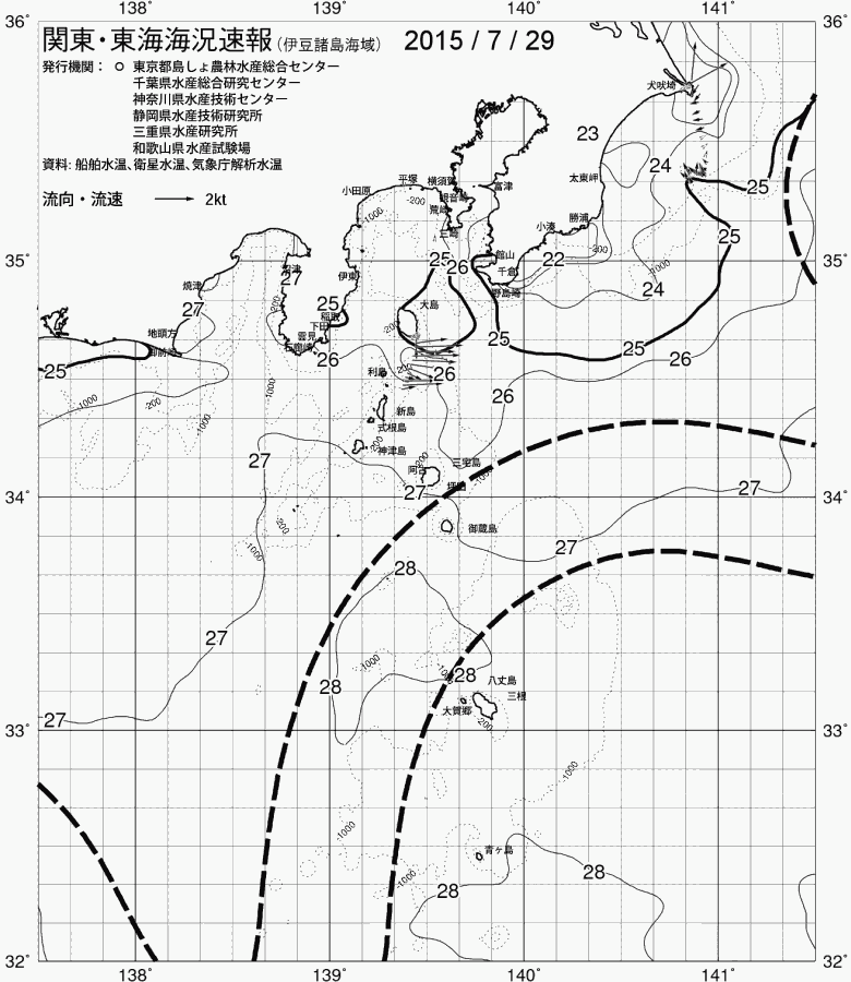 海況図, 関東・東海海況速報/伊豆諸島海域 検索結果, (黒潮, 水温分布, 冷水域, 暖水波及 等を図示)