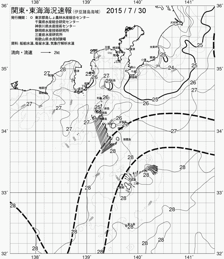 海況図, 関東・東海海況速報/伊豆諸島海域 検索結果, (黒潮, 水温分布, 冷水域, 暖水波及 等を図示)