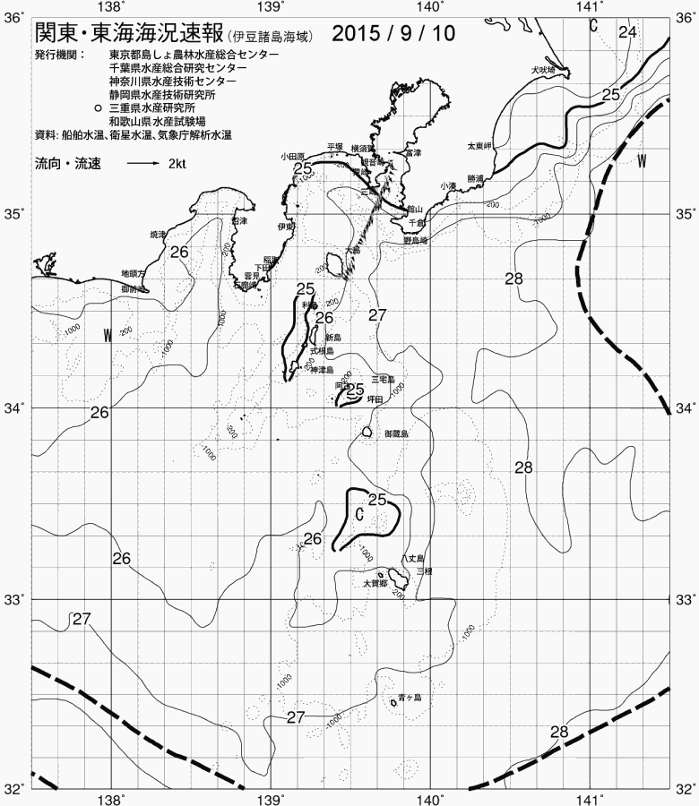 海況図, 関東・東海海況速報/伊豆諸島海域 検索結果, (黒潮, 水温分布, 冷水域, 暖水波及 等を図示)