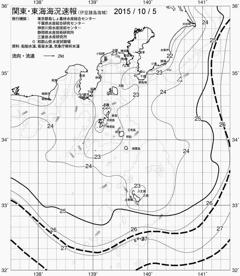 海況図, 関東・東海海況速報/伊豆諸島海域 検索結果, (黒潮, 水温分布, 冷水域, 暖水波及 等を図示)