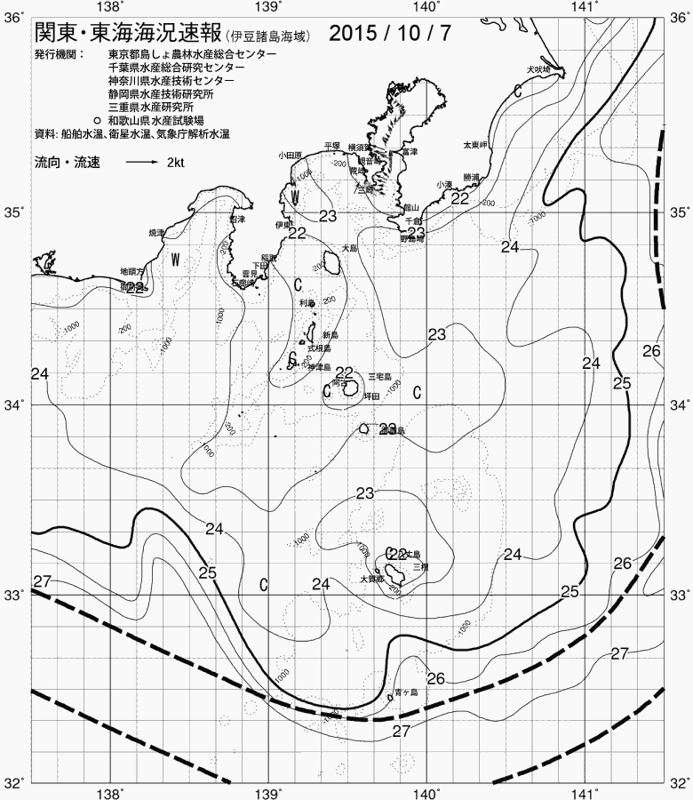海況図, 関東・東海海況速報/伊豆諸島海域 検索結果, (黒潮, 水温分布, 冷水域, 暖水波及 等を図示)