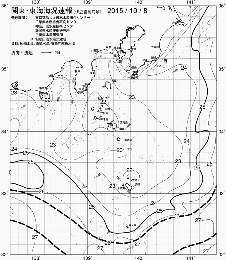 海況図, 関東・東海海況速報/伊豆諸島海域 検索結果, (黒潮, 水温分布, 冷水域, 暖水波及 等を図示)
